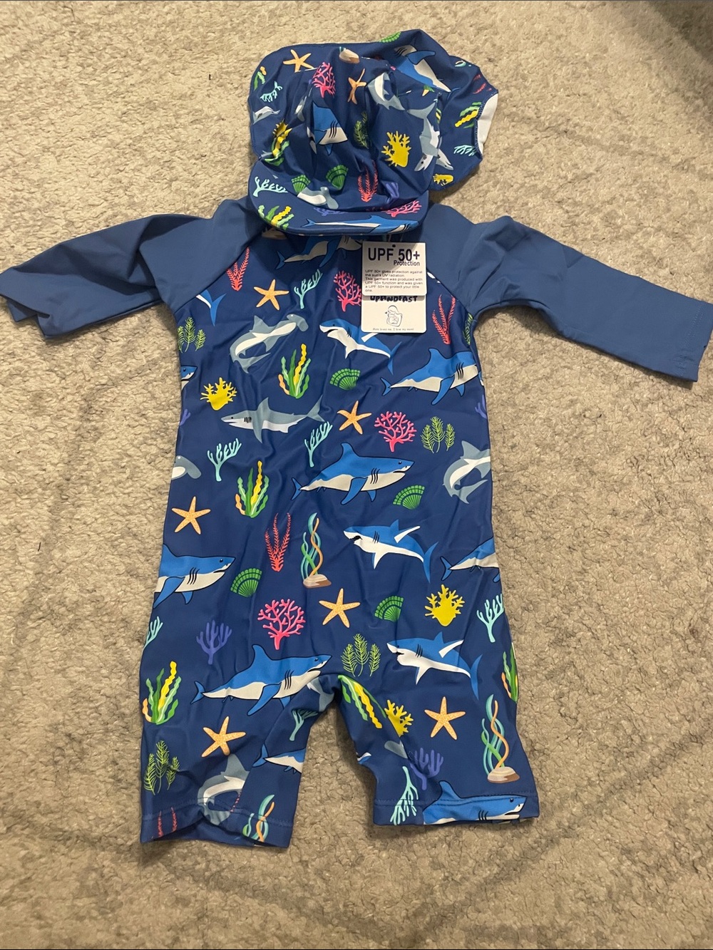 Toddler Hooded UPF 50+ Shark Print Swim Rashguard - Blue
